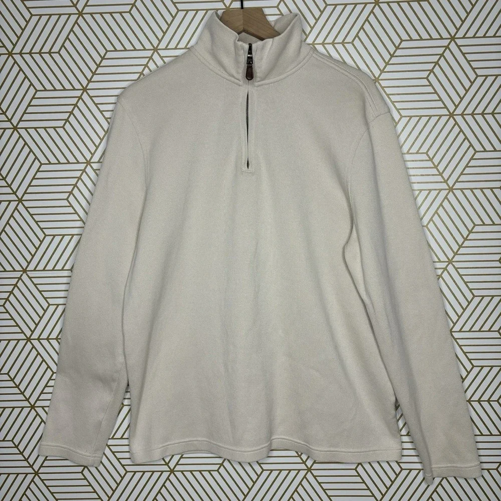Banana Republic Ivory XL 1/4 Zip Mock Neck Knit Pullover Sweater Elbow Patches